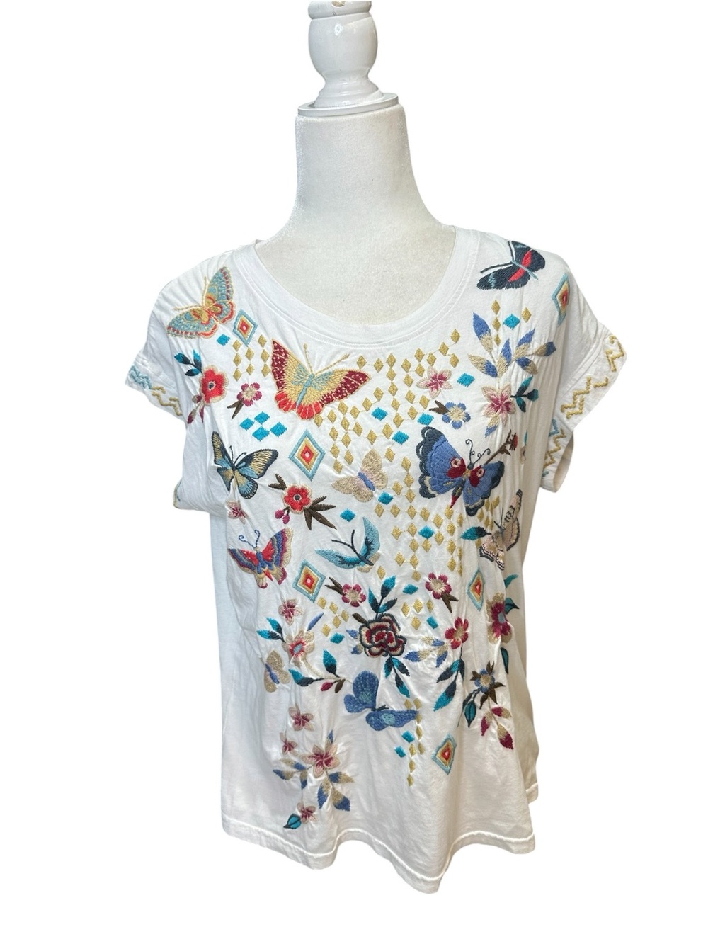 Johnny Was White Short Sleeve Tee with Multicolor Butterfly & Floral Embroidery